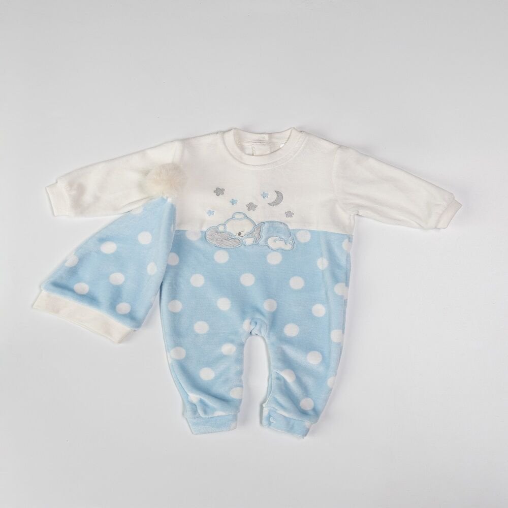 Mavi Beyaz Patikli Şapkalı Kız Bebek Erkek Bebek Kadife Tulum