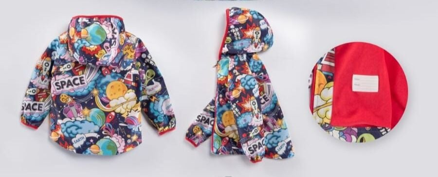 Çok Renkli Unisex Uzay Temalı Kapüşonlu Mevsimlik Mont