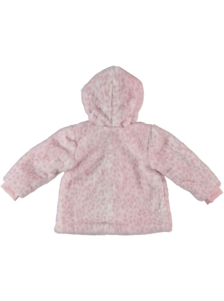 Kapüşonlu Fermuarlı Pembe Leopar Desenli Peluş Mont - Hırka