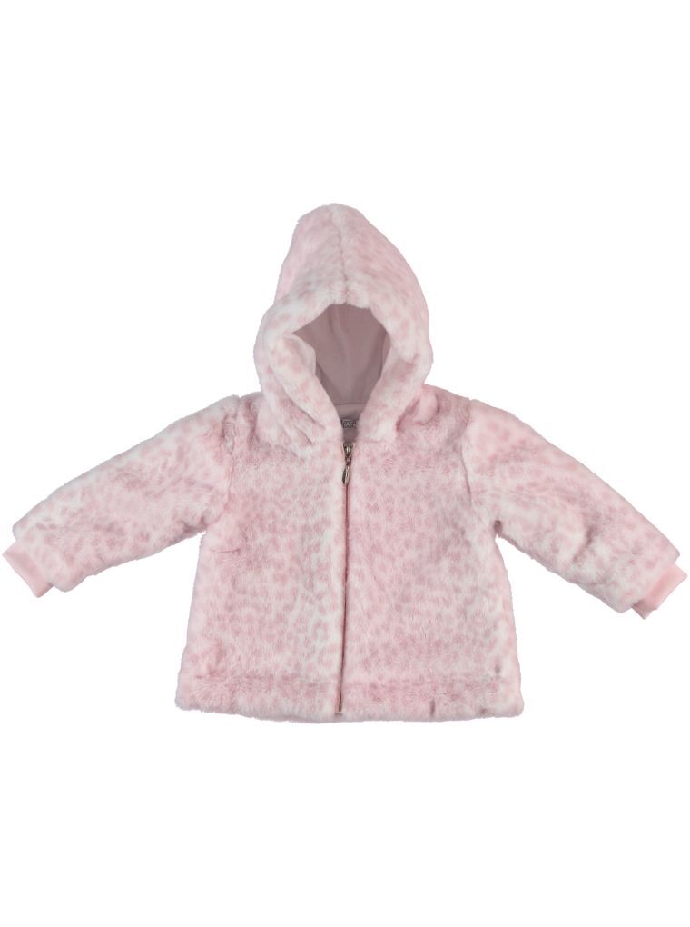 Kapüşonlu Fermuarlı Pembe Leopar Desenli Peluş Mont - Hırka