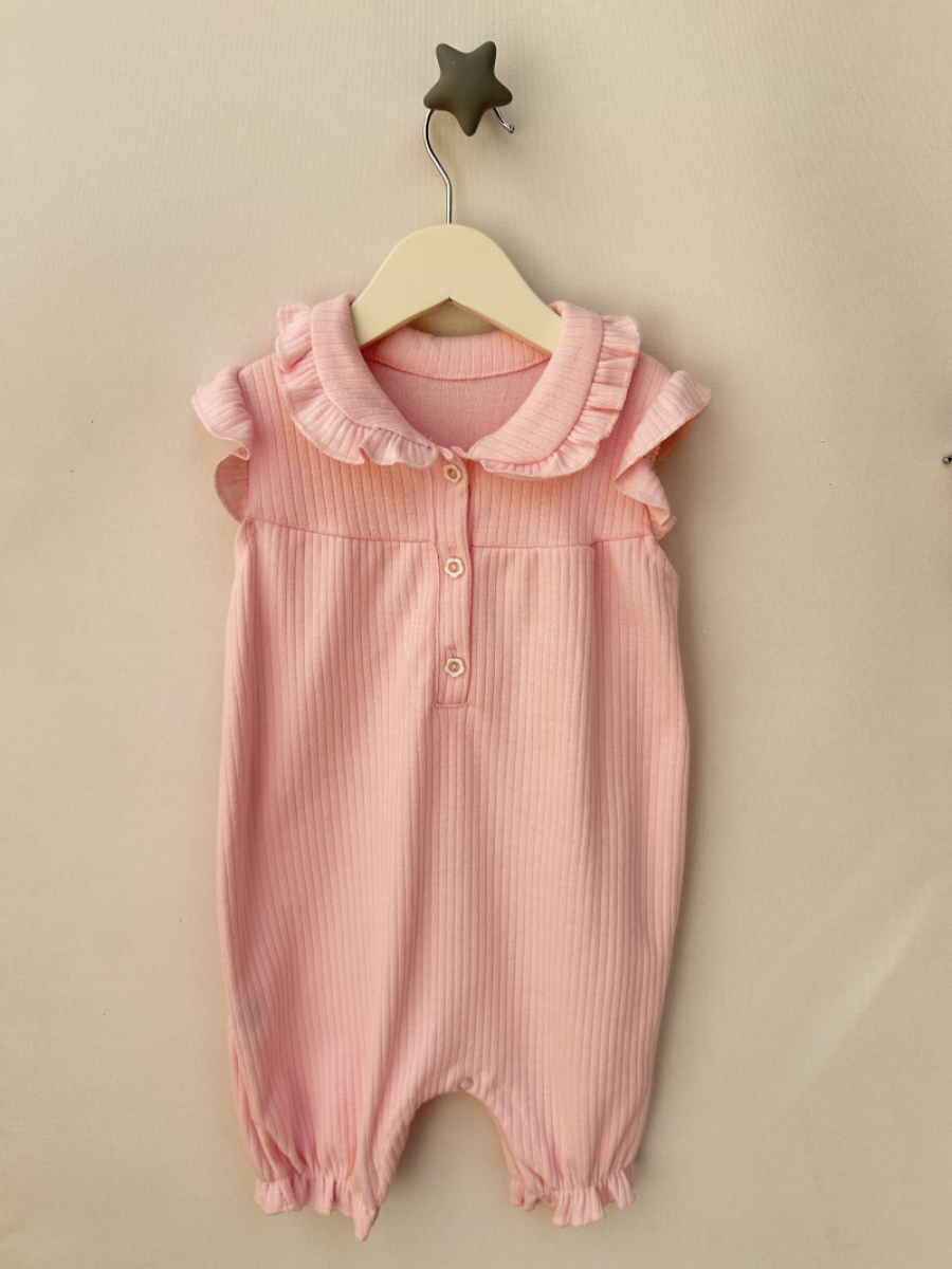 Yakası Kolu Fırfırlı Yazlık Kız Pembe Tulum
