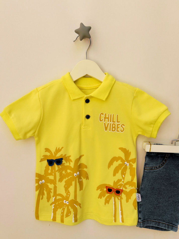 Gözlük Nakışlı Palmiye Desenli Polo Yakalı Kot Şortlu 2li Takım
