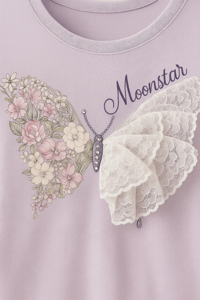 Moonstar Lila Çiçekli Kelebek Desenli Volanlı 3 Boyutlu Dantel Kanatlı %100 Pamuklu Penye Kız Çocuk Elbisesi